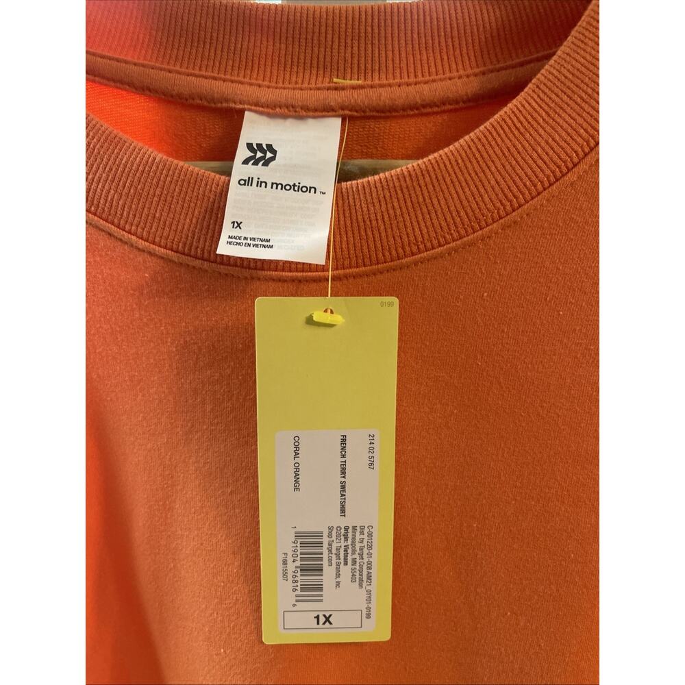 NWT All In Motion Women's Soft Coral Sweatshirt Size 1X Thumb Hole Pit 2 Pit 26” - Picture 2 of 5
